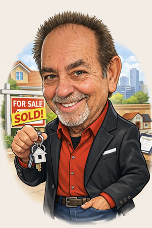 Caricature of Las Vegas real estate agent Randy Bell holding house keys in front of a sold sign and the Las Vegas skyline