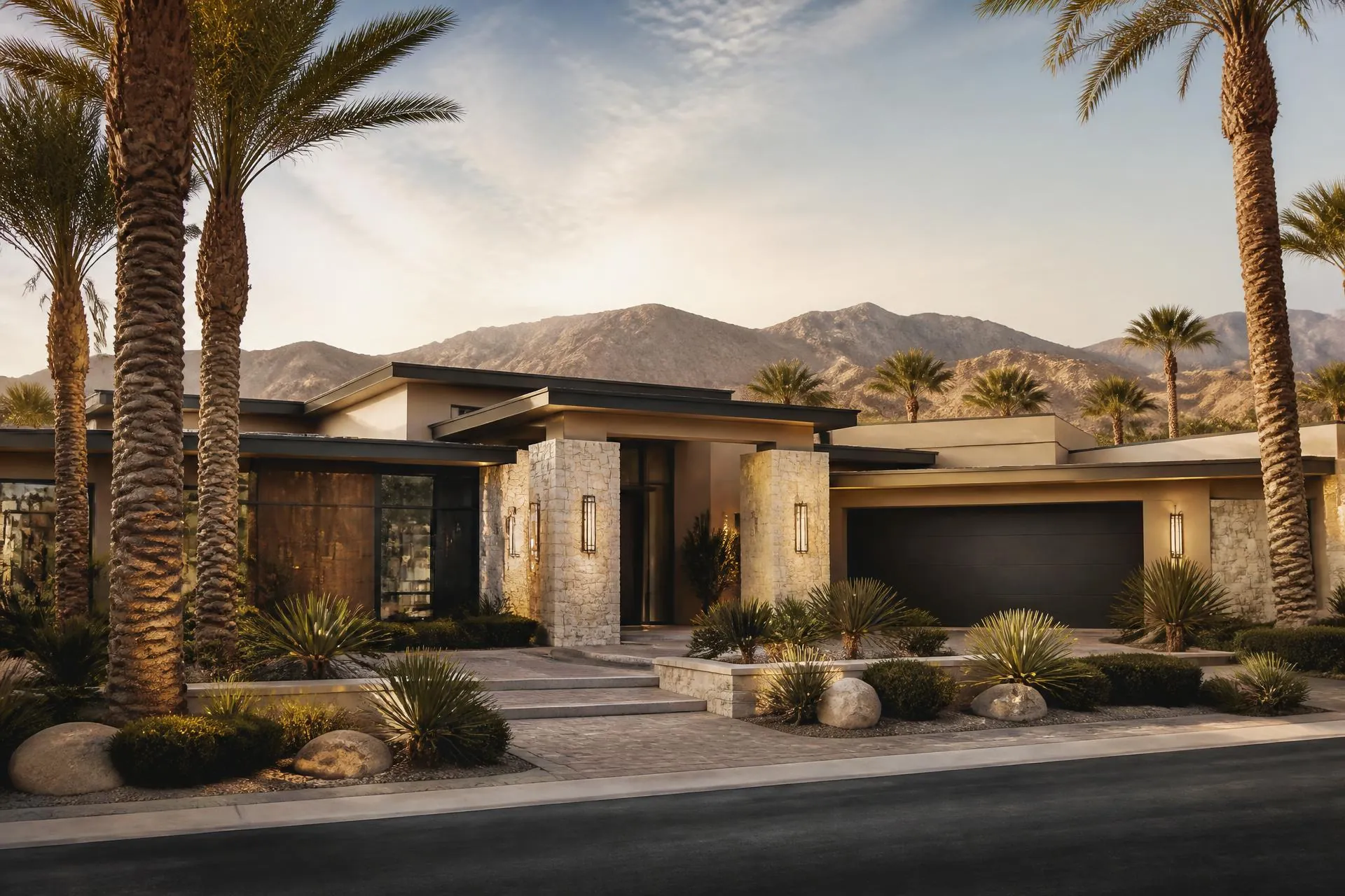 Contemporary Las Vegas desert home exterior in warm late afternoon light