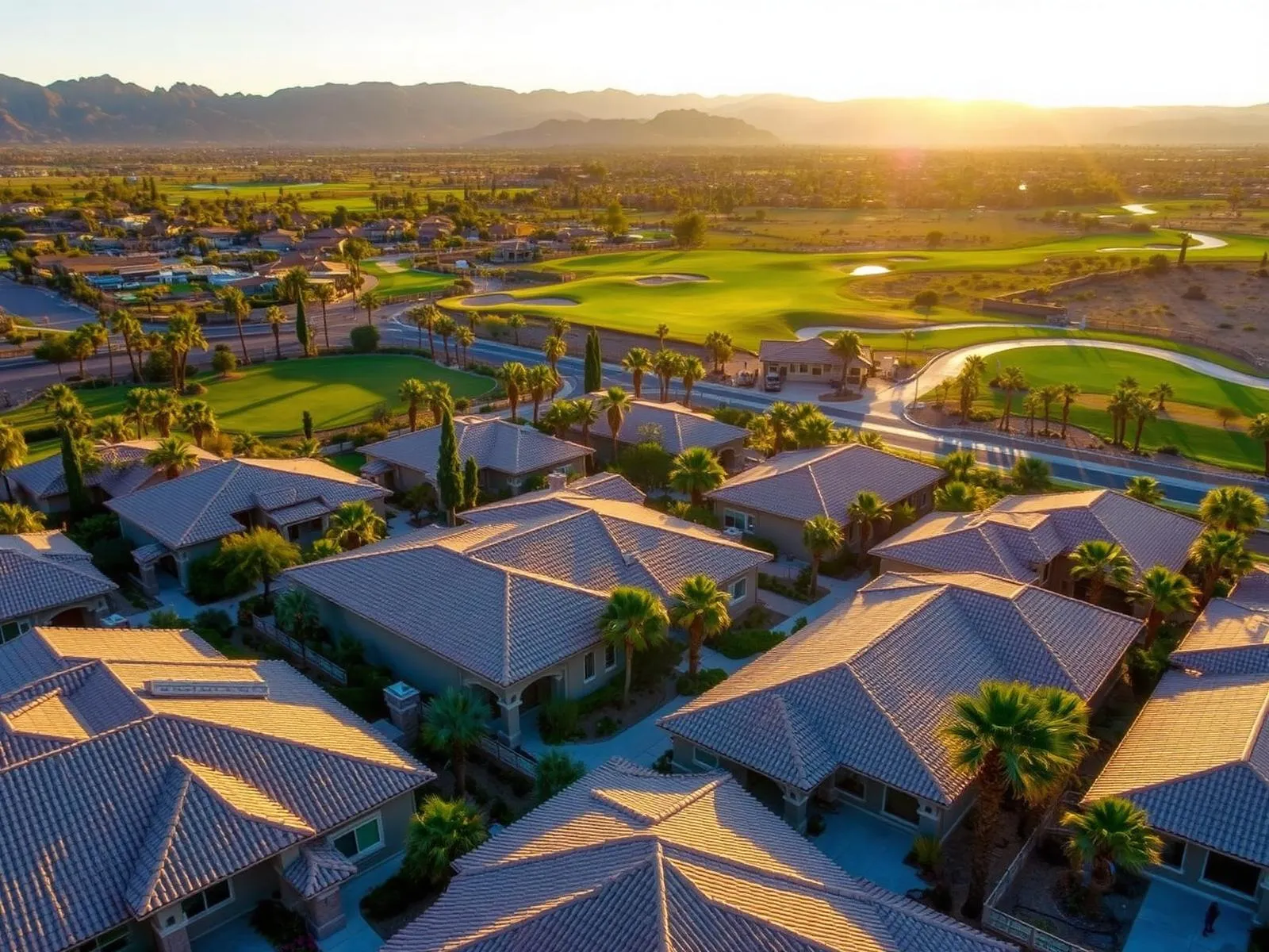 Aerial view of an upscale Henderson, Nevada golf community at sunset