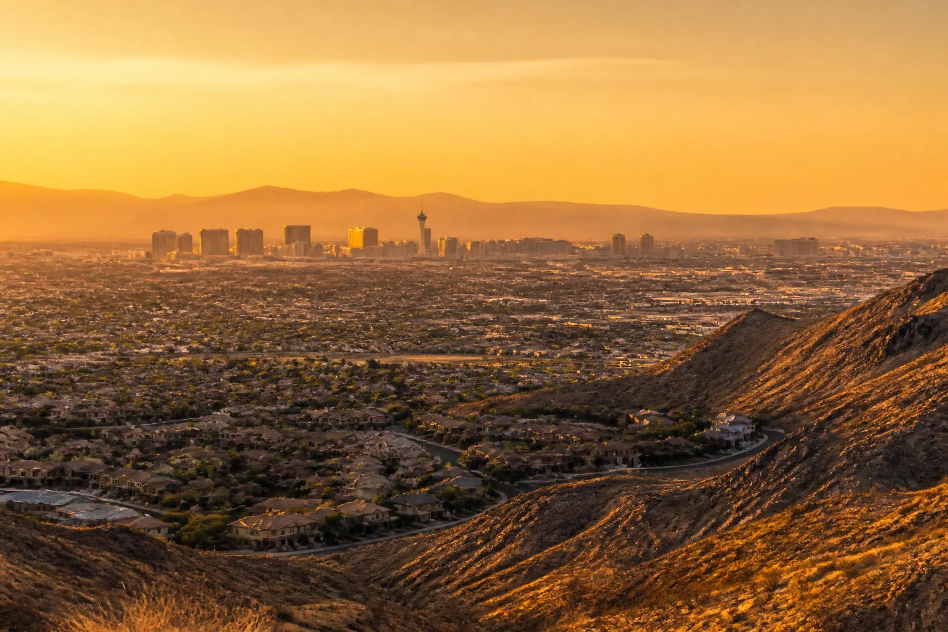 Las Vegas Valley skyline seen from the surrounding desert at golden hour
