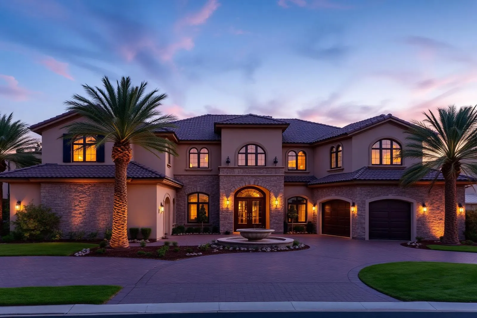 Las Vegas luxury estate exterior lit at twilight