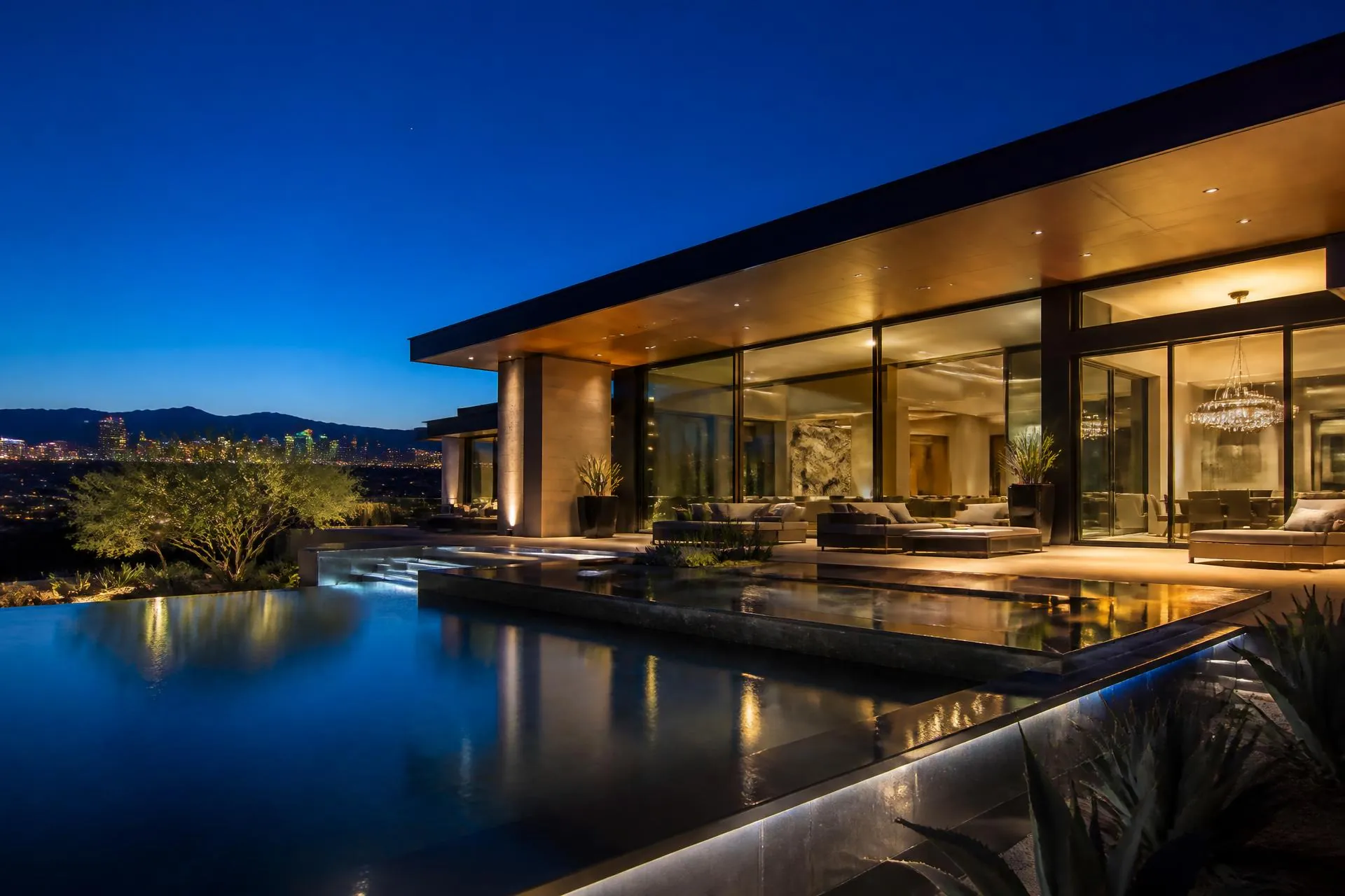 Elegant Las Vegas luxury home lit at blue hour with a reflecting pool